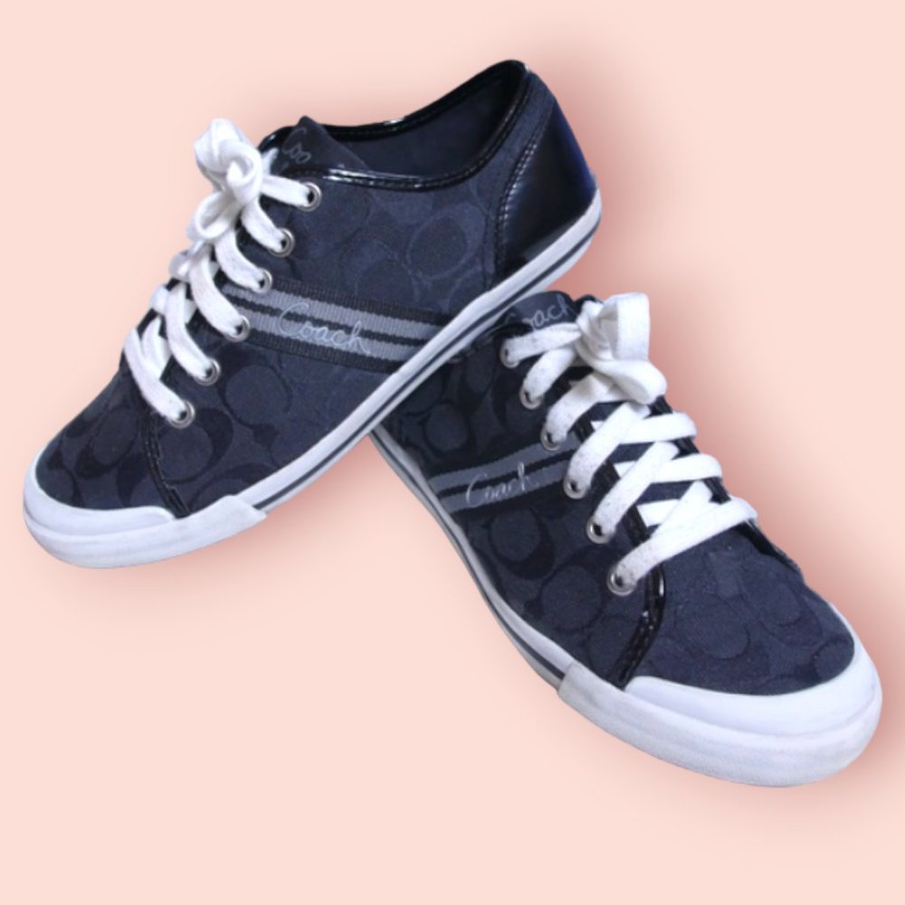 COACH Folly Sneakers Black Monogram Jacquard w/ Patent Leather & Gray Stripes